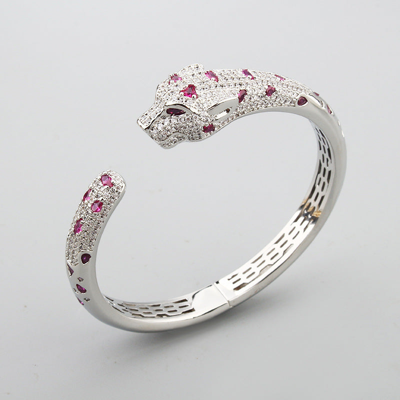 White Gold Plated Crystals Black Enamel Leopard Bracelet