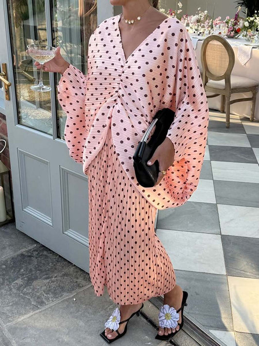 Polka Dot V Neck Pleated Dress