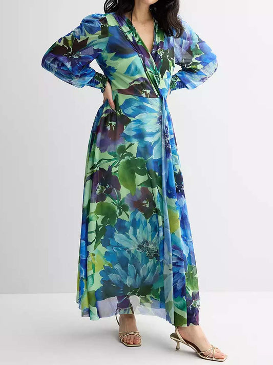 Floral Print V Neck Maxi Dress