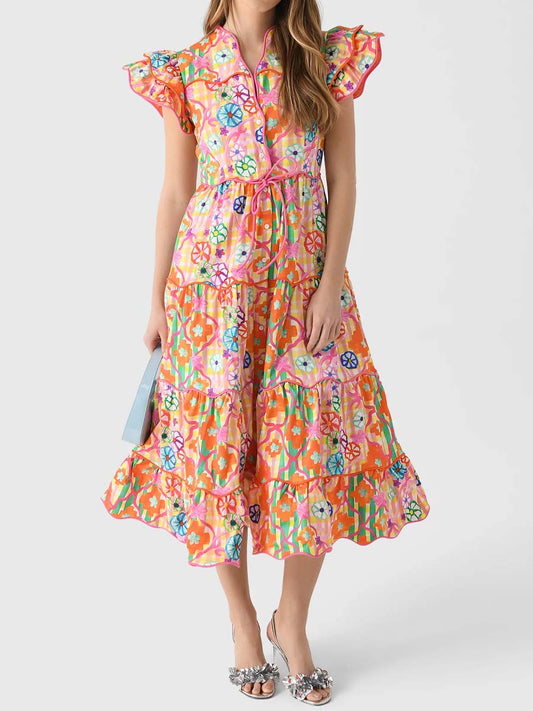 Ruffled Sleeve V Neck Printed Maxi Dress