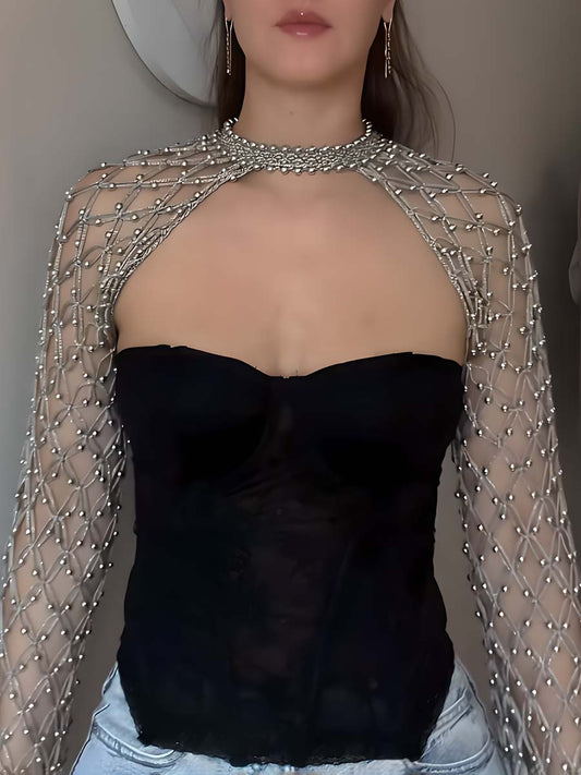 Sexy Beaded Hollow Pearl Woven Shawl Top