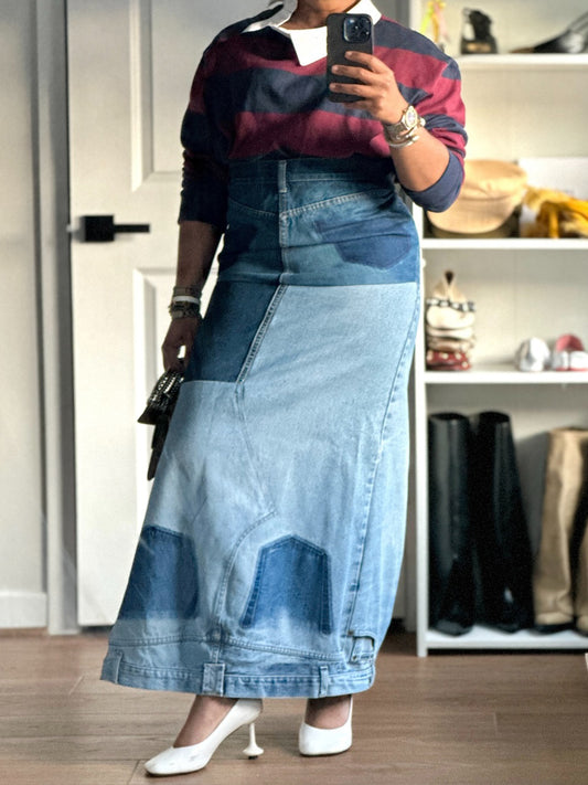 Denim High Waist Printed Maxi Skirt