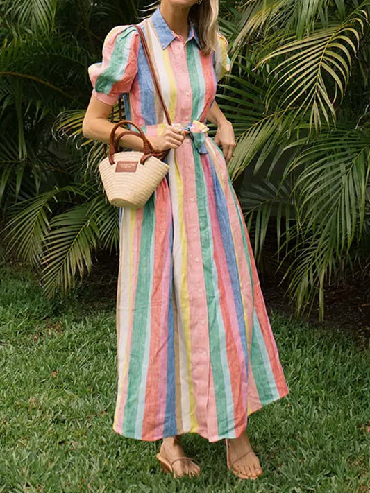 Rainbow Stripe Belted Maxi Dress