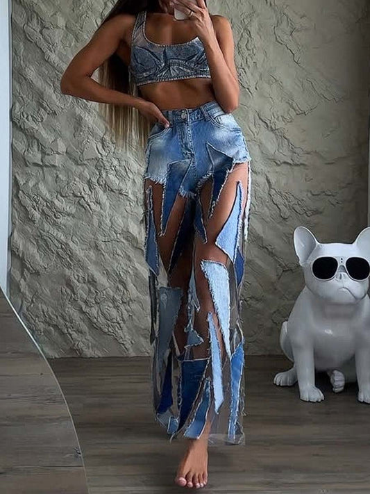 See-through Denim Patchwork Jeans