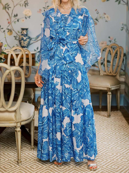 Printed Chiffon Lace Up Neck Maxi Dress