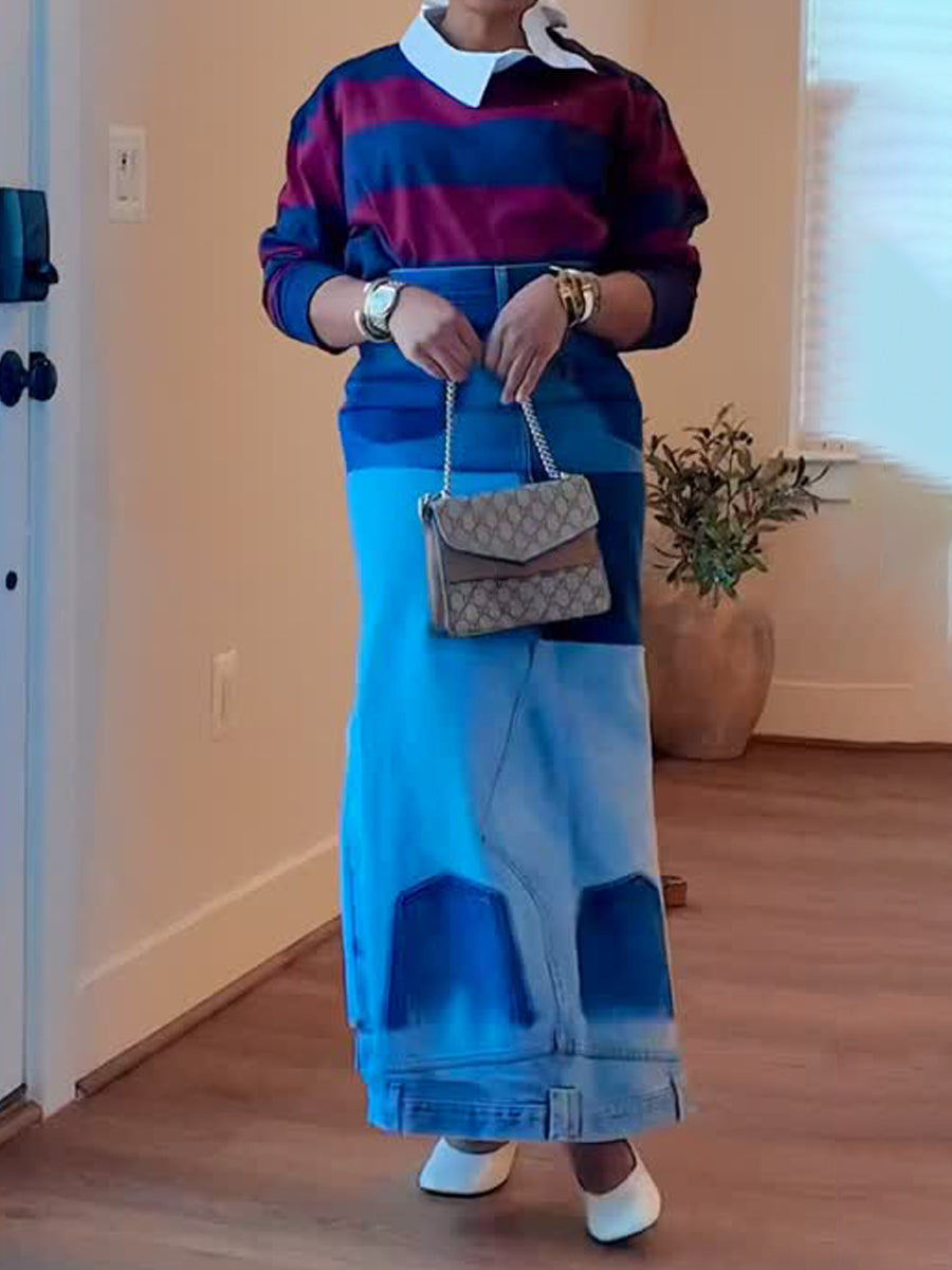 Denim High Waist Printed Maxi Skirt