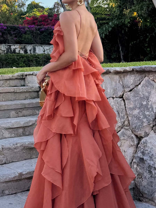 Halter Neck Layered Ruffles Maxi Dress