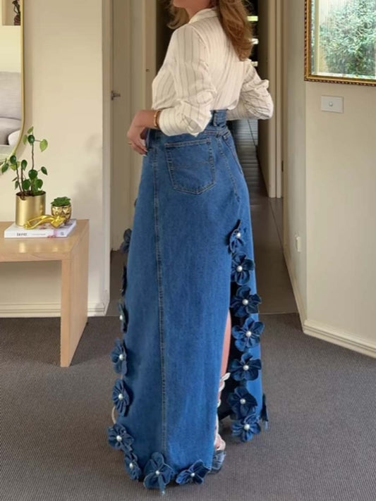 3D Flower Asymmetric Hem Denim Maxi Skirt