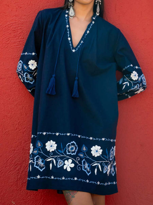 Embroidered V Neck Long Sleeve Dress