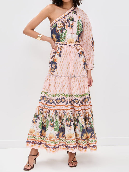 One-shoulder Drawstring Waist Printed Maxi Dress
