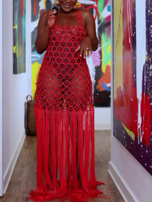 Grid Tassel Sling Dress