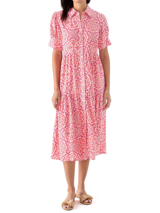 Printed Short Sleeve Tiered Shirtdress