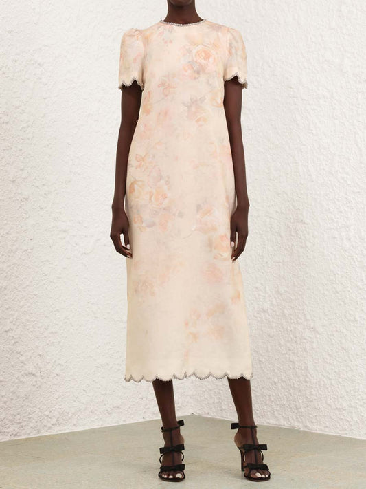 Placement Print Crystal Trims Midi Dress