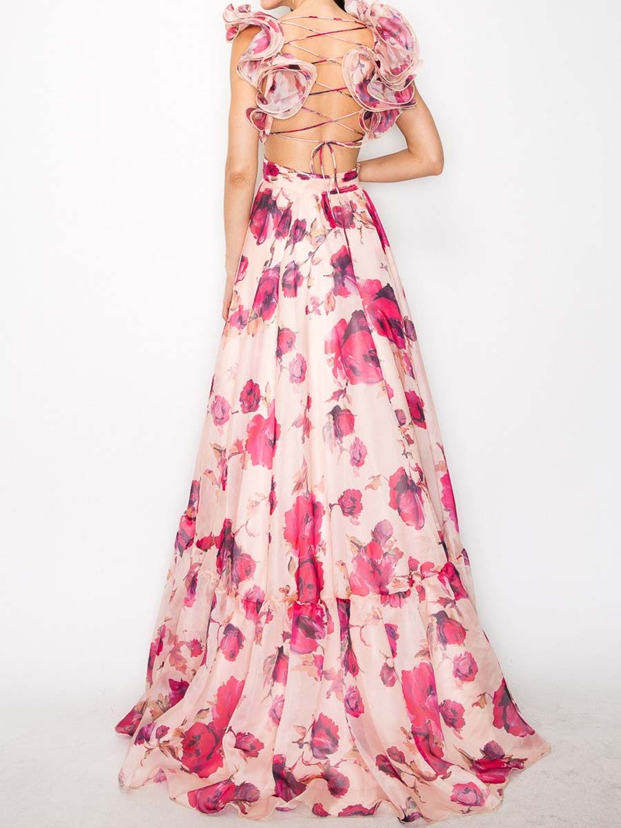 Printed Ruffled Sleeveless Lace-Up Dress