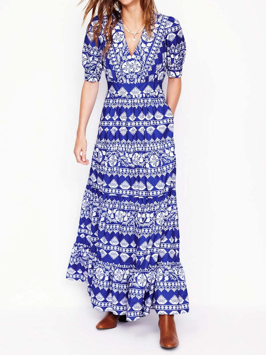 Elegant Printed V Neck Puff Sleeve Dress