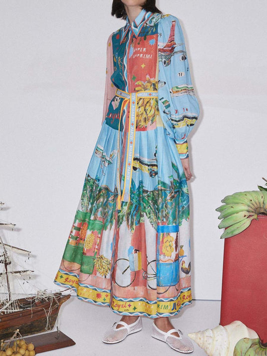 Printed Lantern Sleeve Long Sleeve Dress