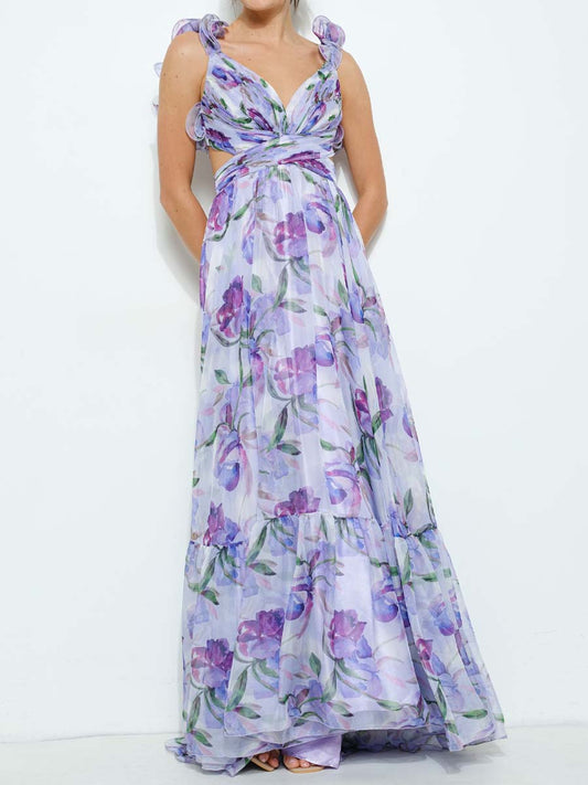 Printed Ruffled Sleeveless Lace-Up Dress