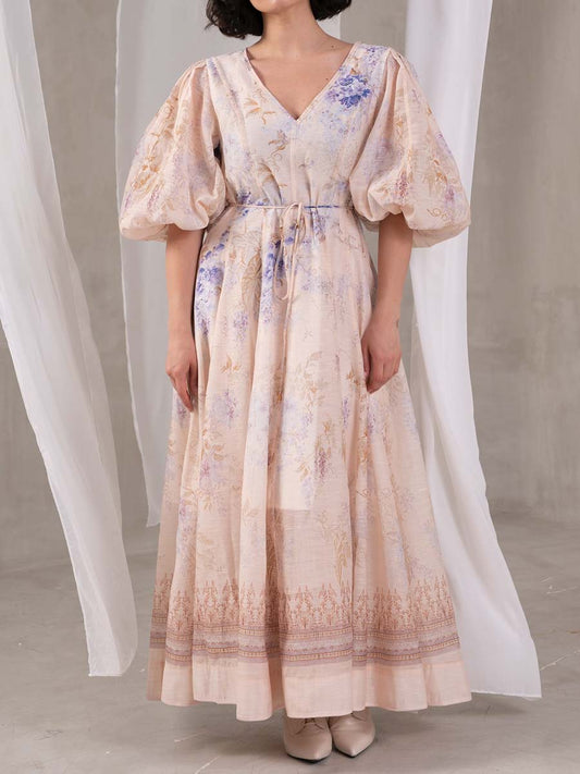 Elegant Printed V Neck Puff Sleeve Dress