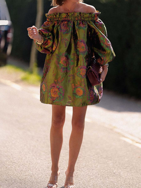 Off Shoulder Printed Ruffled Mini Dress