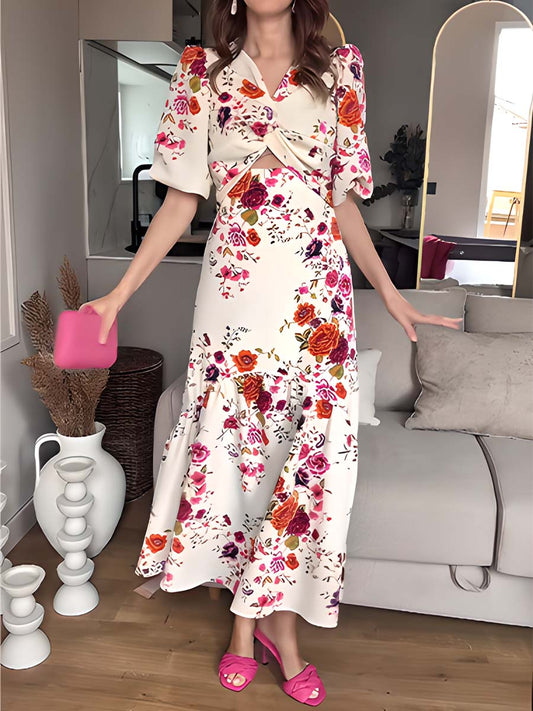 Knotted Printed Bubble Sleeve Dress