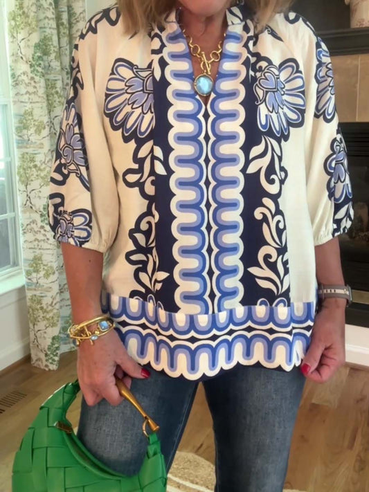 Band Collar Printed Top