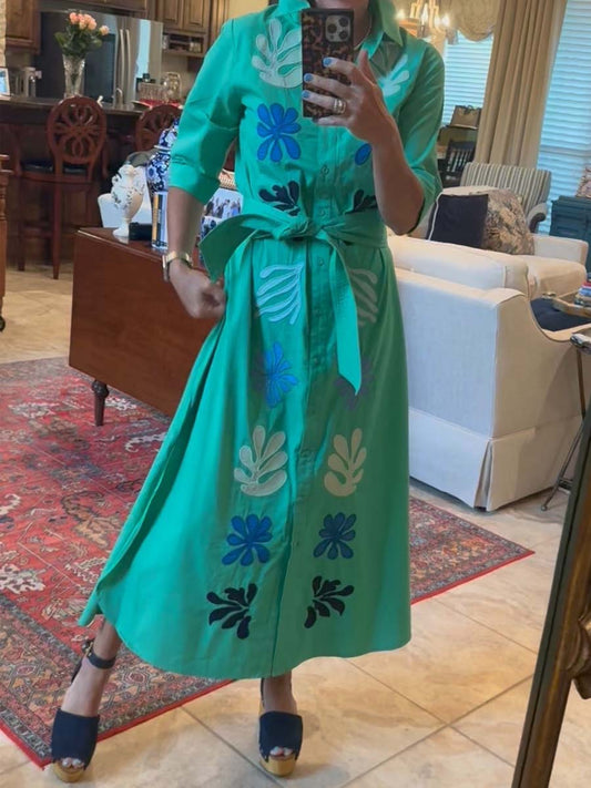 Printed Button Up Belted Dress