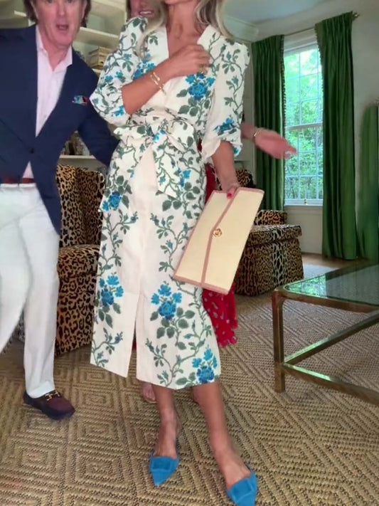 Printed V Neck Puff Sleeve Dress