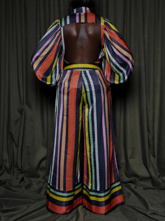 Multicolor Diamond Vertical Stripe Backless Pants Suit