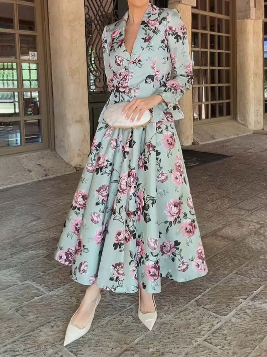 Elegant Floral Print High Waist Blazer & Skirts