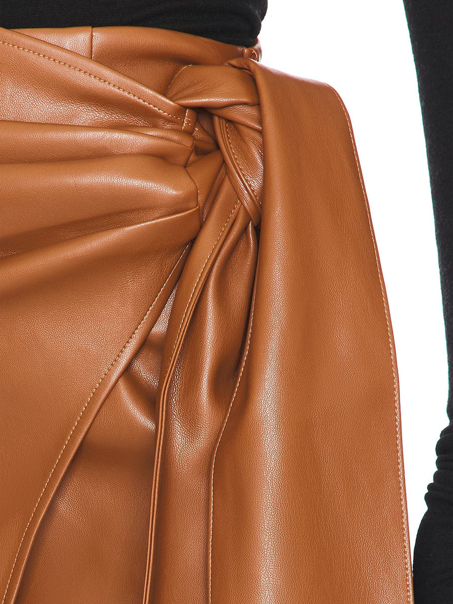 Side Drape Waist Tie Accent PU Skirts