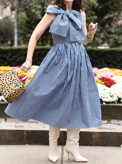 Striped Bow Detail Sleeveless Dress