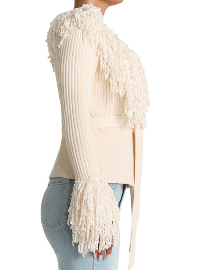 Fringe Tie Waist Knitted Cardigan