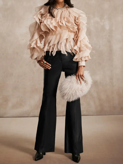 See-through Flouced Long Sleeve Blouse