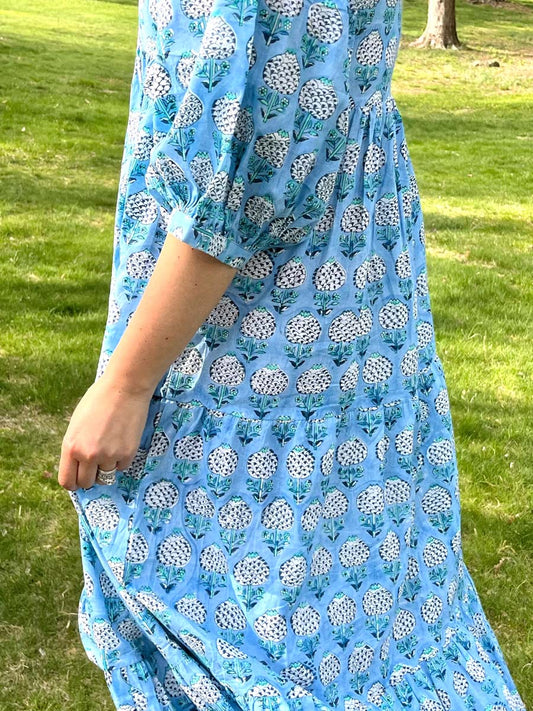 Split Neck Printed Balloon Sleeve Loose Dress