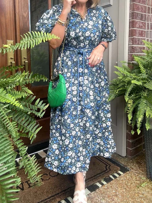 Floral Print Band Collar Belted Dress