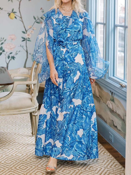 Printed Chiffon Lace Up Neck Maxi Dress