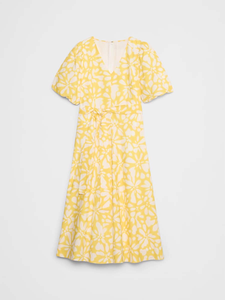 Floral Print V Neck Puff Sleeve Belted Dress