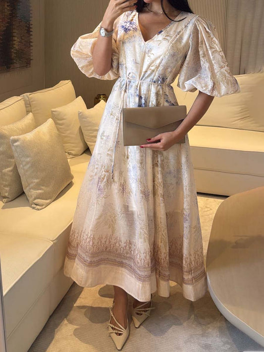 Elegant Printed V Neck Puff Sleeve Dress
