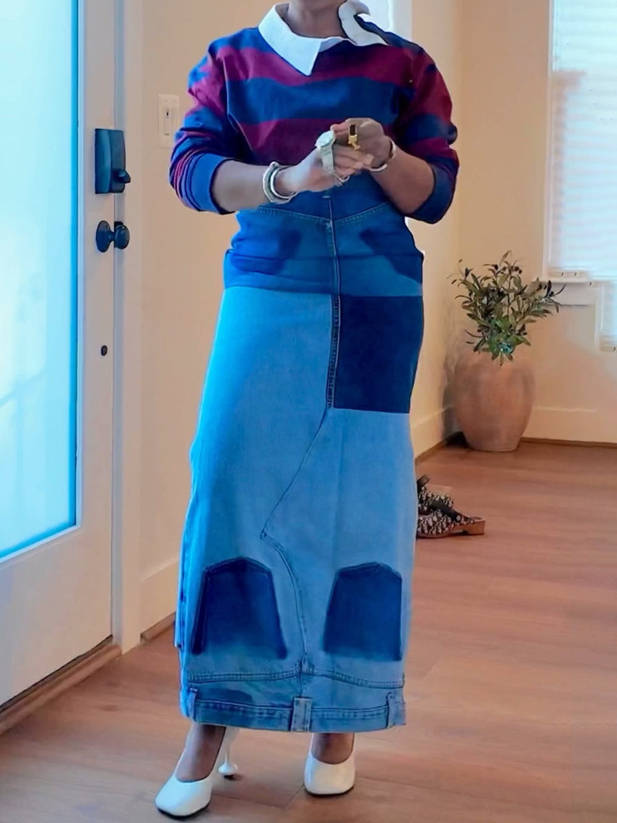 Denim High Waist Printed Maxi Skirt