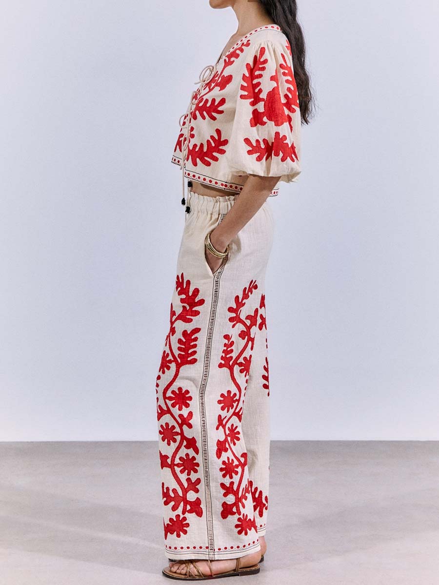 Embroidered Lace-up 2-piece Set