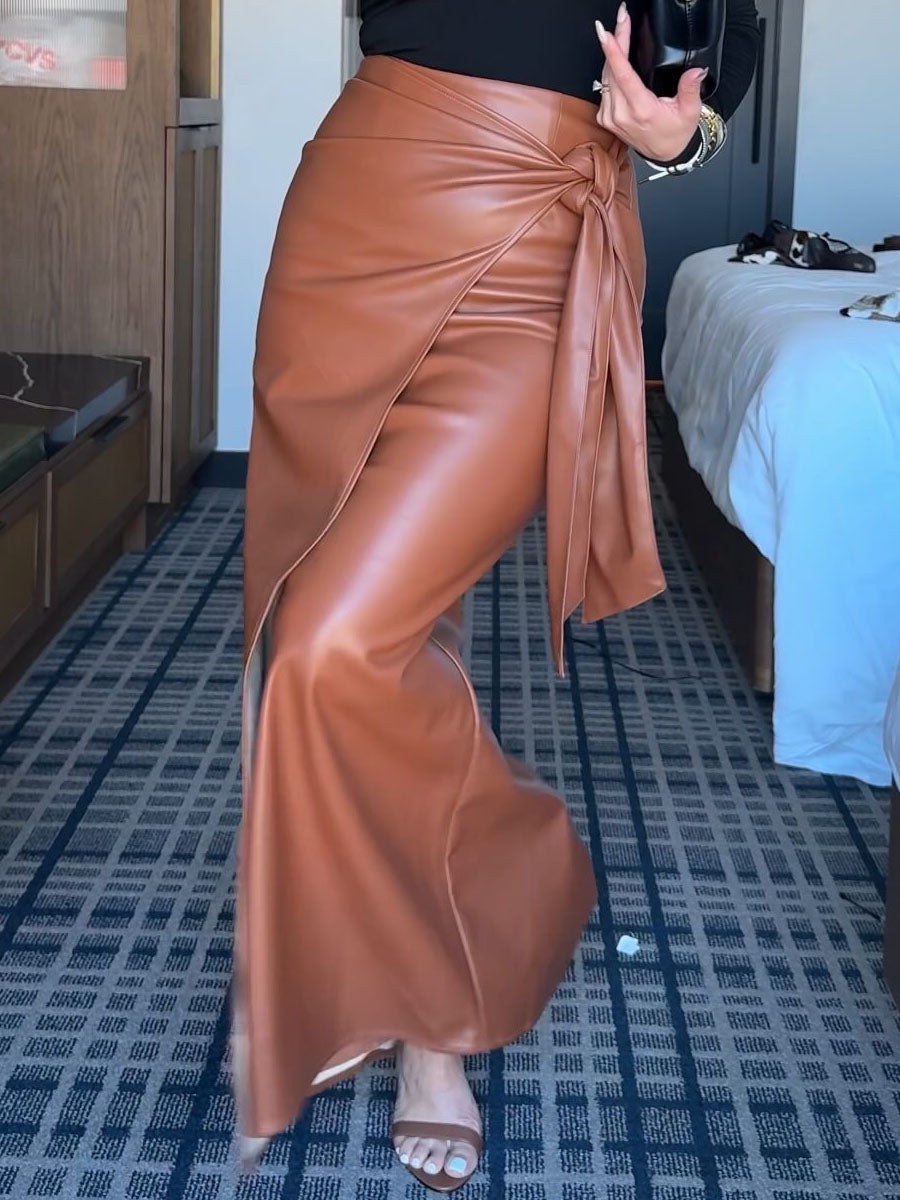 Side Drape Waist Tie Accent PU Skirts