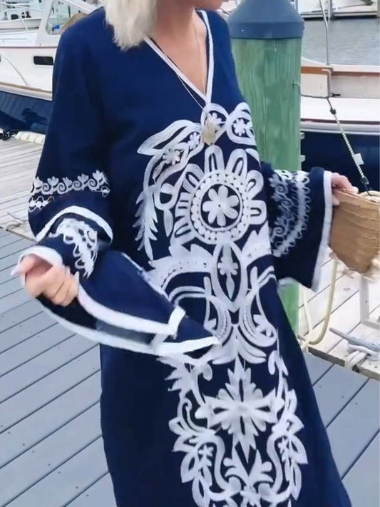Embroidered V Neck Loose Maxi Dress