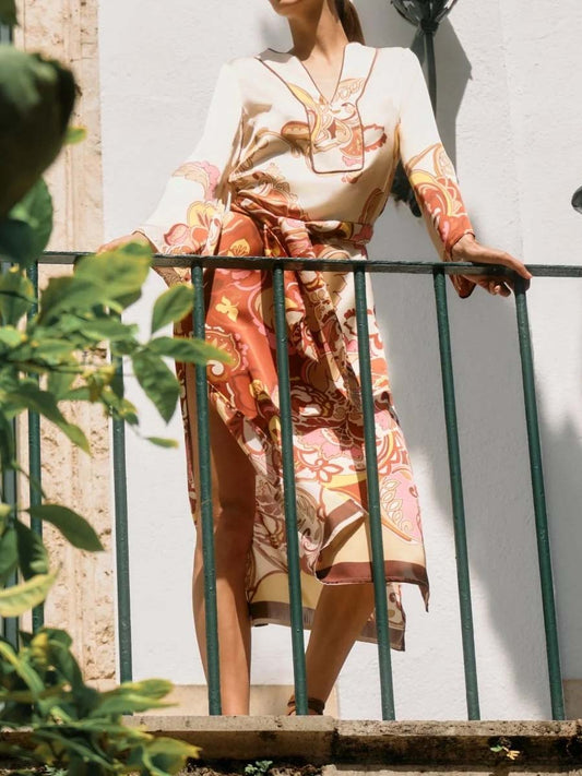 Split Neck Printed Belted Midi Dress