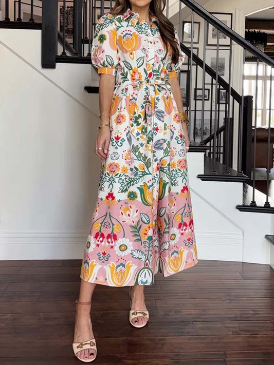 Printed Short Sleeve Midi Dress
