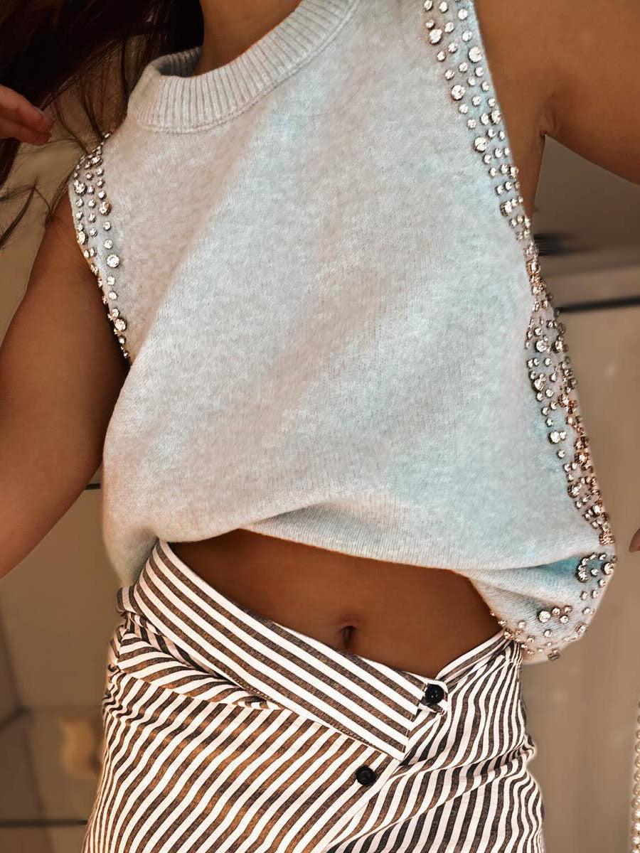 Fashion Round Neck Knitted Beaded Vest