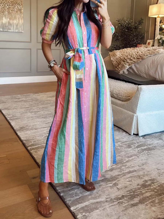Rainbow Stripe Belted Maxi Dress