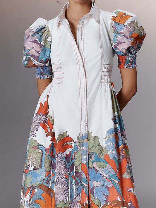 Printed Puff-sleeve Smocked Shirtdress