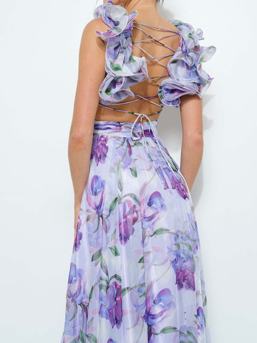 Printed Ruffled Sleeveless Lace-Up Dress