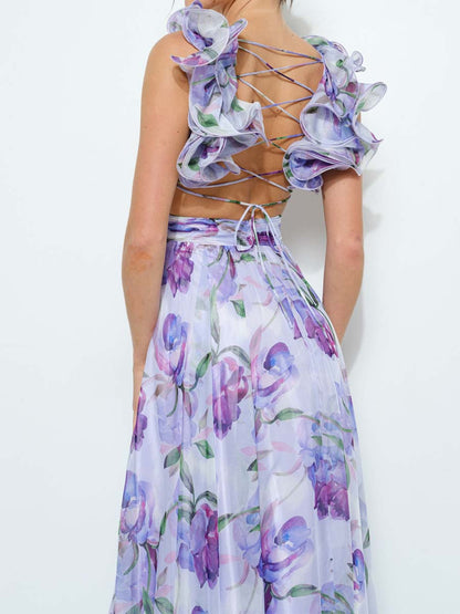 Printed Ruffled Sleeveless Lace-Up Dress