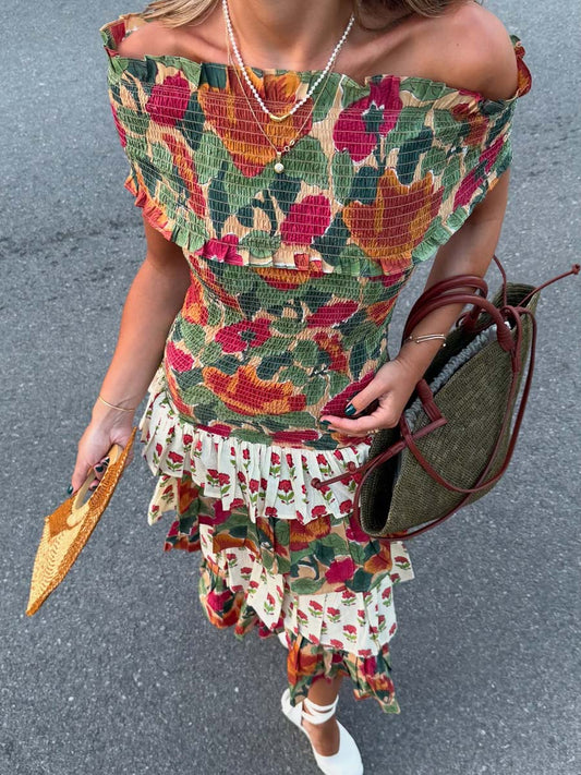 Floral Print Off Shoulder Fold Dress